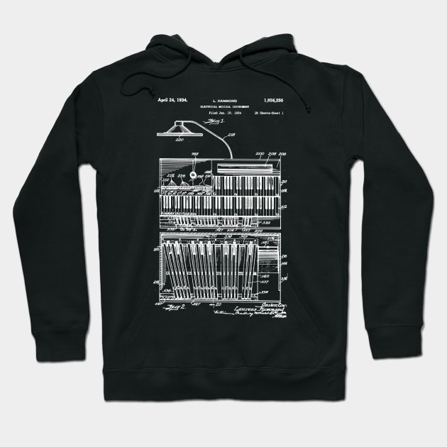 Hammond Organ Patent - White Ink Hoodie by erock